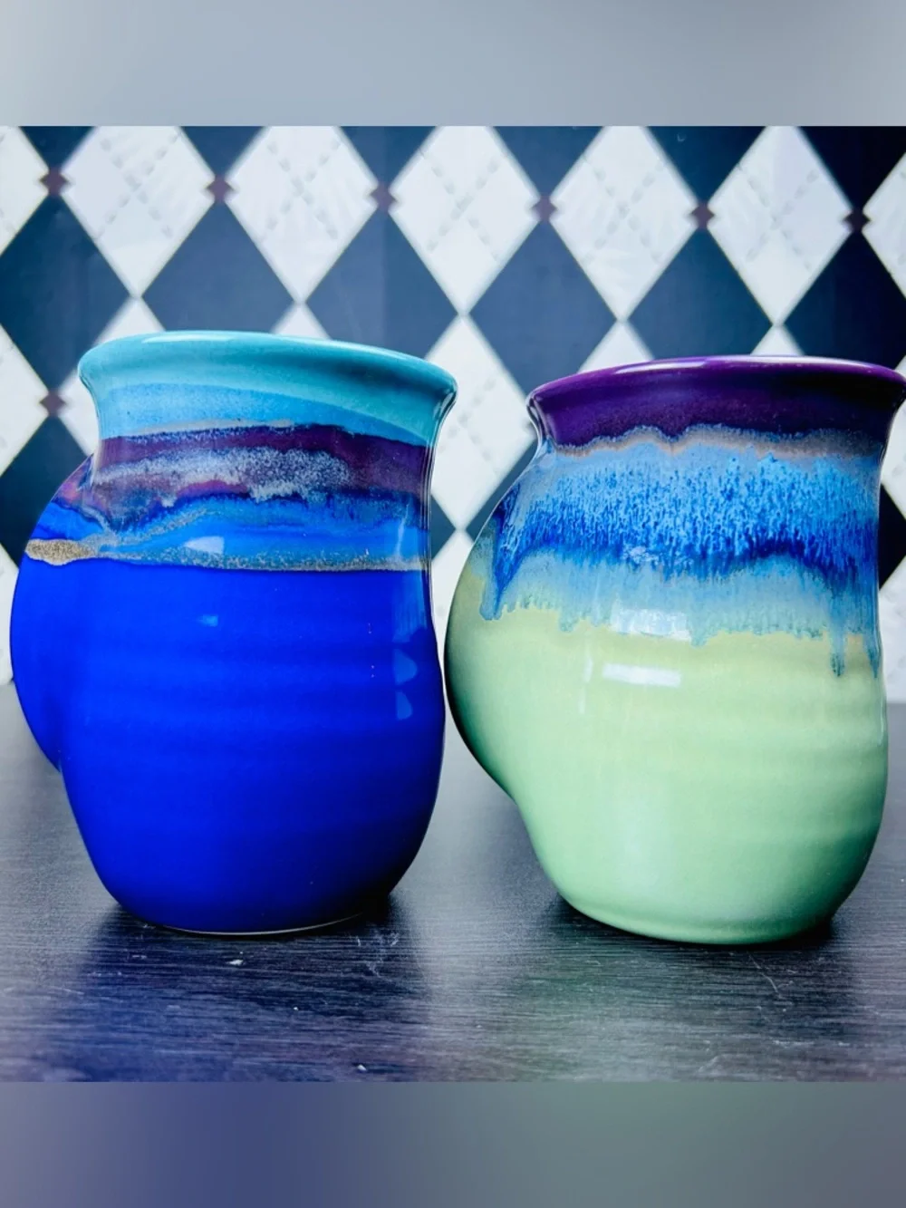 Hand Warmer Mugs Signed Neher Pair Drip Glaze‎ Studio Pottery